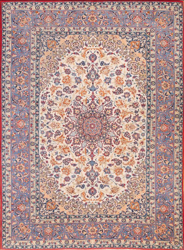 Ornate floral rug with a central medallion, featuring an ivory field and a wide powder blue border.