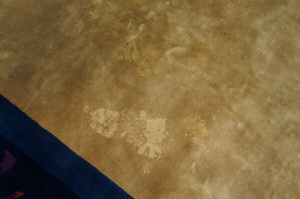 Distressed tan rug field with visible color variations borders a dark blue patterned section.