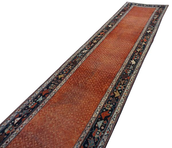 Low pile runner rug featuring a rusty orange central field and dark geometric patterned borders.