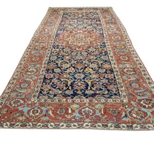 Traditional runner rug featuring a detailed floral pattern in navy blue, rust red, and light blue.
