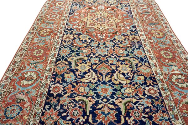 Intricate traditional rug with a navy blue field, rust-orange borders, and a multicolored central medallion.