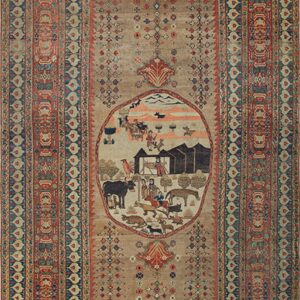 Muted brown runner rug featuring intricate red and blue geometric borders and a central figural medallion.