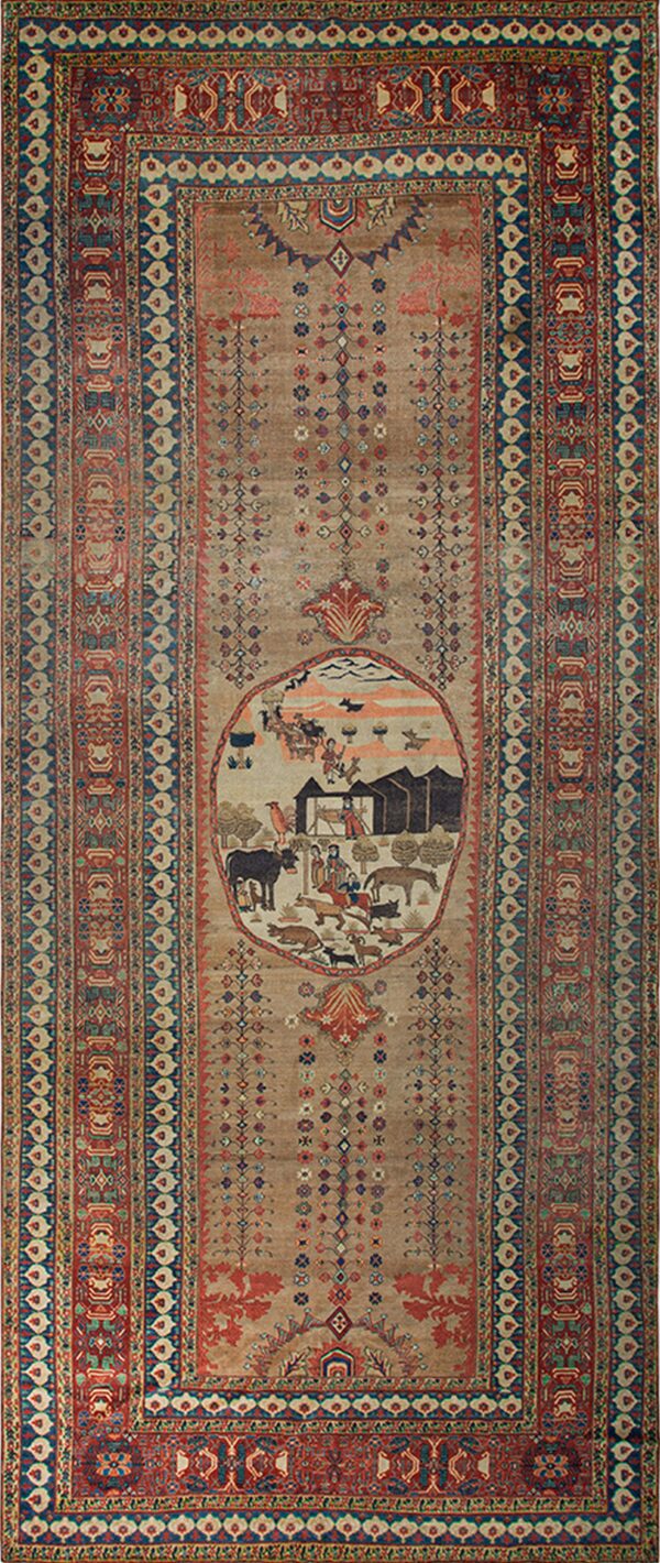 Muted brown runner rug featuring intricate red and blue geometric borders and a central figural medallion.