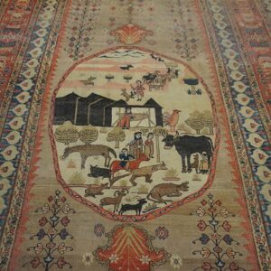Beige rug featuring a detailed pictorial medallion with figures and animals, framed by red and navy borders.