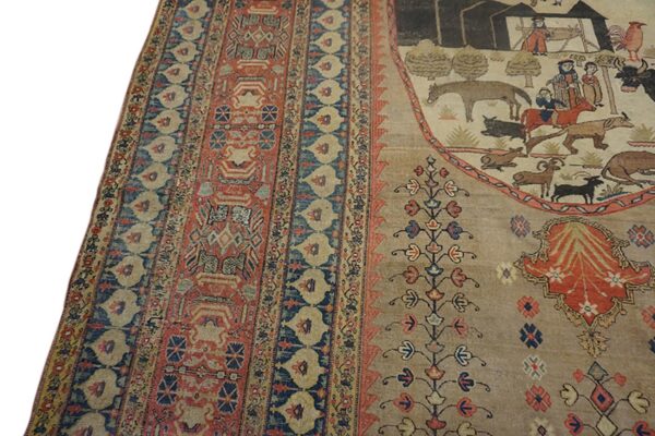 Pictorial rug featuring pastoral figures and animals bordered by geometric patterns in rust, navy, and beige.