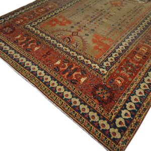 A traditional rug featuring a beige field and wide red and blue patterned borders.