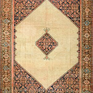 Traditional area rug featuring a light geometric center medallion surrounded by detailed dark brown and coral borders.