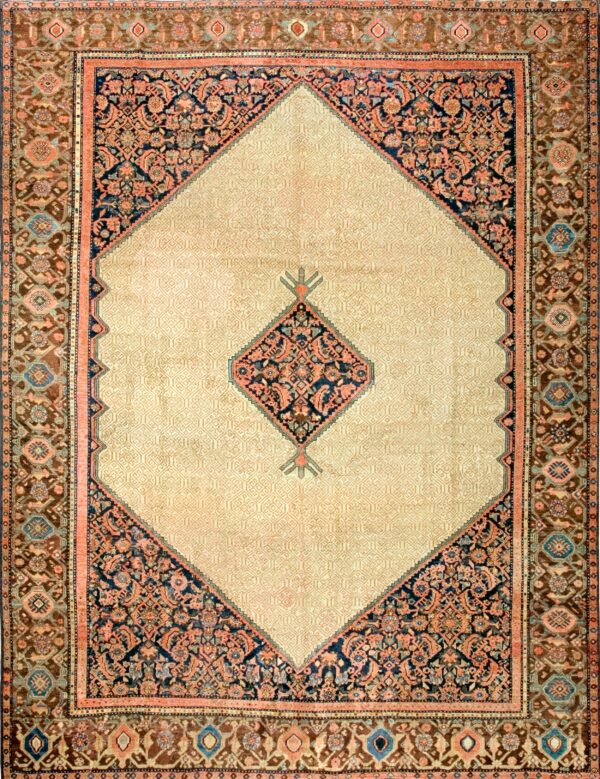 Traditional area rug featuring a light geometric center medallion surrounded by detailed dark brown and coral borders.