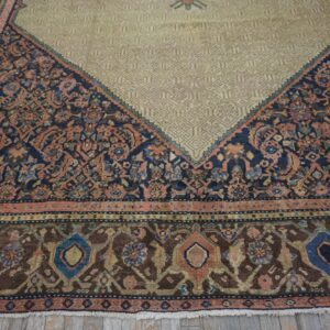 Corner of a traditional rug showing a beige geometric field meeting a border of navy, rust, and brown florals on wood planks.