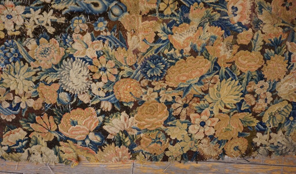English Rug Texture Antique Square Needlepoint English Rug: 18th Century Luxury