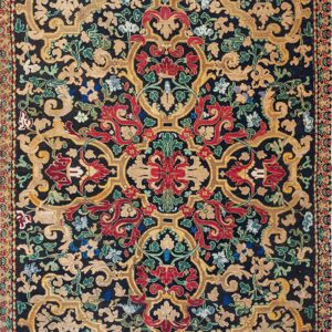 Ornate traditional rug featuring a dark ground, central medallion, and elaborate scrolling floral motifs in red, gold, and green.