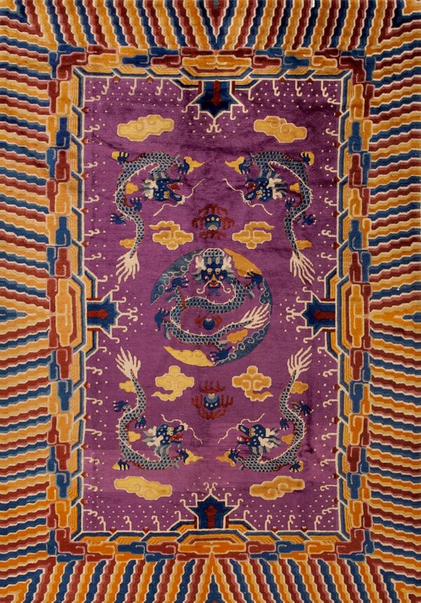 High-pile purple rug featuring five blue dragons and a multi-colored border of geometric waves.