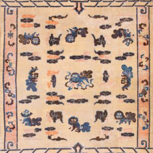 Beige rug with low pile features blue and brown stylized animal motifs and stepped geometric borders.