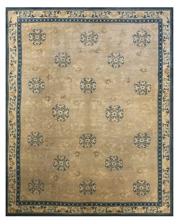 Tan area rug featuring repeating blue medallions and an intricate blue and beige border design.