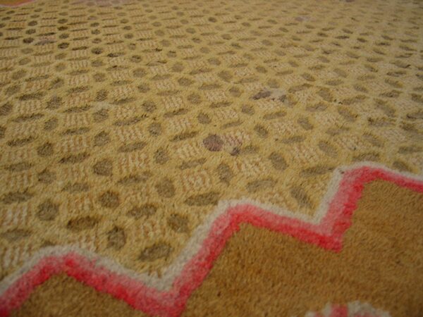 Gold and brown textured rug with repeating dotted patterns and a prominent red zigzag border detail.
