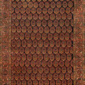 Traditional dark navy rug with a dense repeating pattern of red and gold boteh shapes and a wide red border.