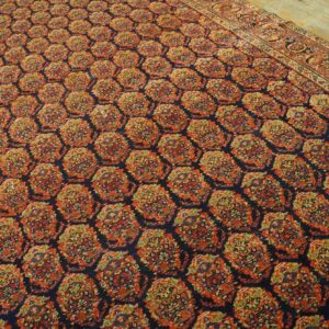 Navy rug featuring a dense, repeating pattern of red and olive green stylized medallions on wood flooring.