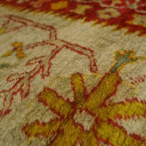 Shaggy rug texture detailed with floral motifs in light beige, deep red, and golden yellow.