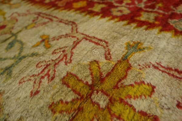 Shaggy rug texture detailed with floral motifs in light beige, deep red, and golden yellow.