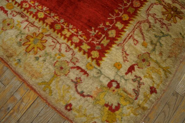Shaggy rug with red center and cream field featuring stylized floral patterns rests on wood flooring.