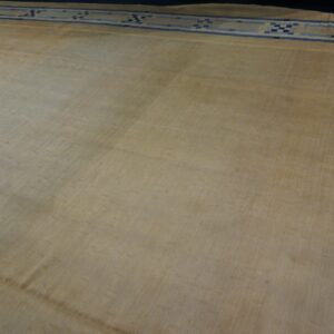 A large light beige rug with a geometrically patterned blue and tan border.