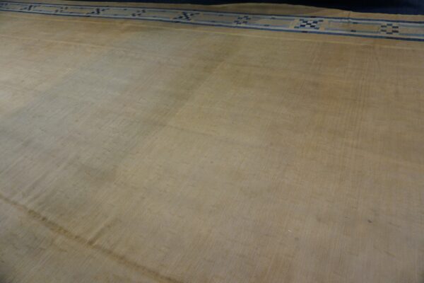 A large light beige rug with a geometrically patterned blue and tan border.