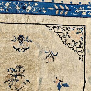 Detail of a plush cream rug showing a blue border with pink and white floral vine patterns.