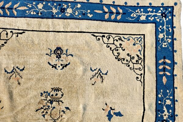 Detail of a plush cream rug showing a blue border with pink and white floral vine patterns.