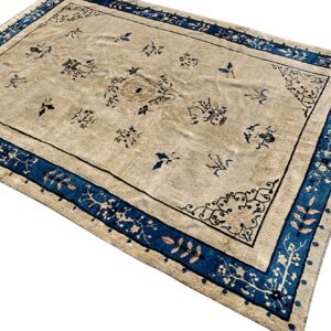 Low-pile tan rug featuring small blue and brown symbols, framed by a thick blue and beige floral border.