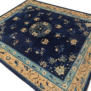 Navy blue rug with a central beige floral medallion and scattered flowers, framed by wide tan borders.