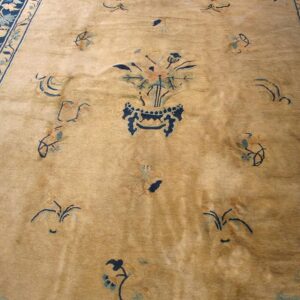 Plush tan rug with luster, featuring a large navy border and sparse blue and coral floral patterns.