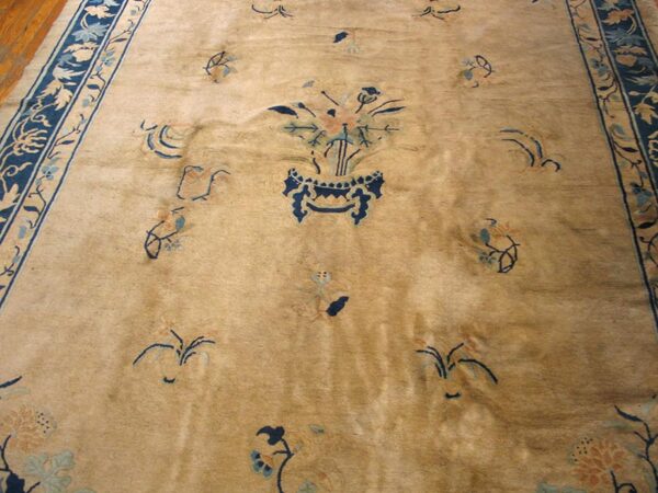 Plush tan rug with luster, featuring a large navy border and sparse blue and coral floral patterns.