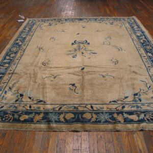 Tan field rug featuring navy blue floral borders and scattered light blue botanical designs on hardwood.