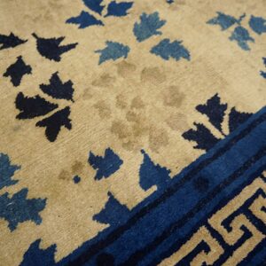 Tan rug with scattered dark and medium blue leaf patterns and a detailed Greek key border.