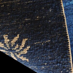 Detail of a dark blue rug with tan and light blue geometric patterns and contrasting high and low pile.