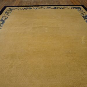 Yellow rug with subtle tonal field texture and blue stylized borders rests on rustic wood flooring.