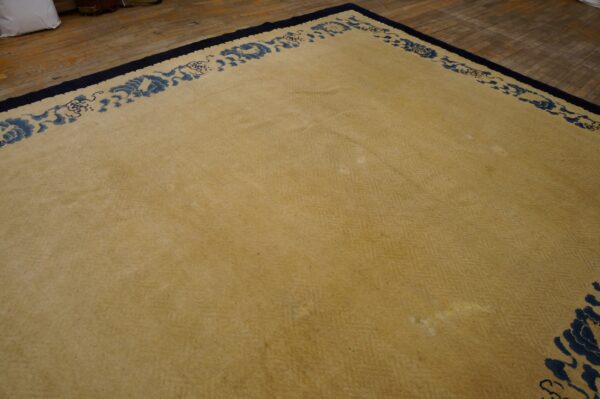 Tan rug with a deep blue decorative border resting on light brown wood plank flooring.