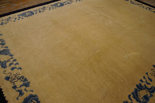 Tan high-pile rug with a subtle field texture and a prominent indigo blue floral border on wood floors.