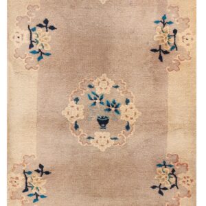 Narrow runner rug featuring a mauve field and beige border with repeating blue and cream floral medallion motifs.
