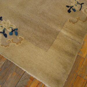 Tan high-pile rug with a blue and cream floral border design on aged hardwood floor.