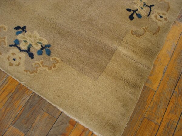 Tan high-pile rug with a blue and cream floral border design on aged hardwood floor.