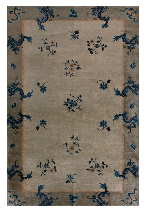 Light tan rug with blue floral sprays and a darker gray border featuring stylized blue dragon patterns.