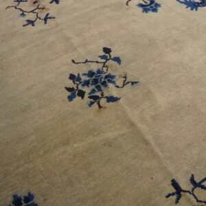 Muted beige rug surface with scattered navy floral designs and visible medium pile texture.