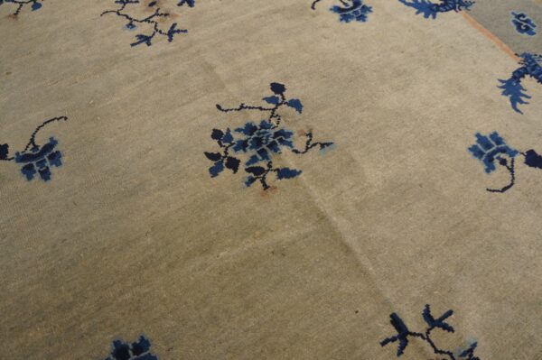 Muted beige rug surface with scattered navy floral designs and visible medium pile texture.