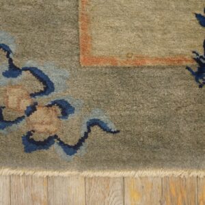 Muted green medium-pile rug with blue floral and dragon patterns bordered by orange, resting on wood floor.