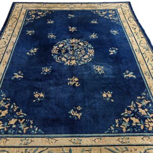 Navy blue rug with a tan border and central floral medallion over a scattered pattern.