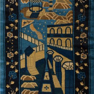 Teal and gold pictorial rug showing architectural elements and mountains, framed by a dark navy floral vine border.
