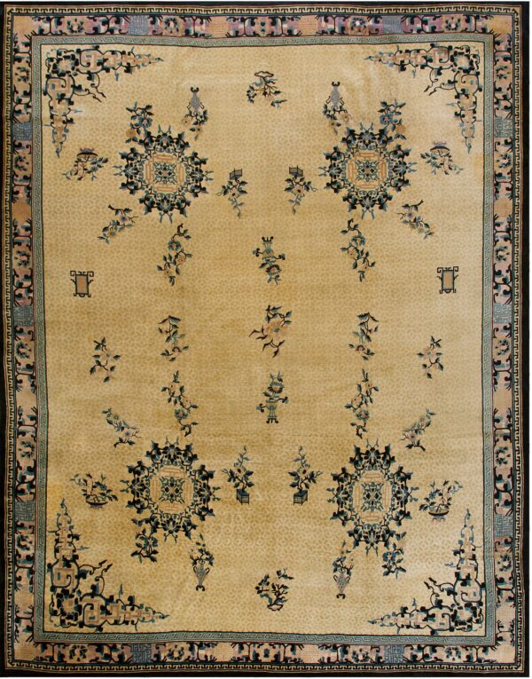 Traditional tan rug with a tonal lattice background and stylized blue, teal, and pink chinese motifs.