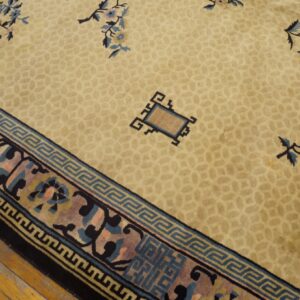 Close-up of a tan rug with blue floral motifs and a complex patterned border on distressed wood flooring.