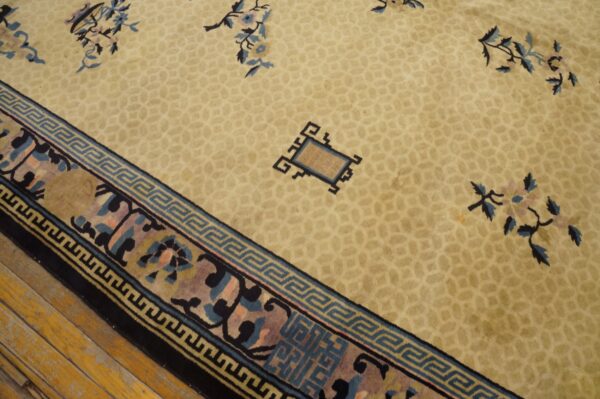 Close-up of a tan rug with blue floral motifs and a complex patterned border on distressed wood flooring.